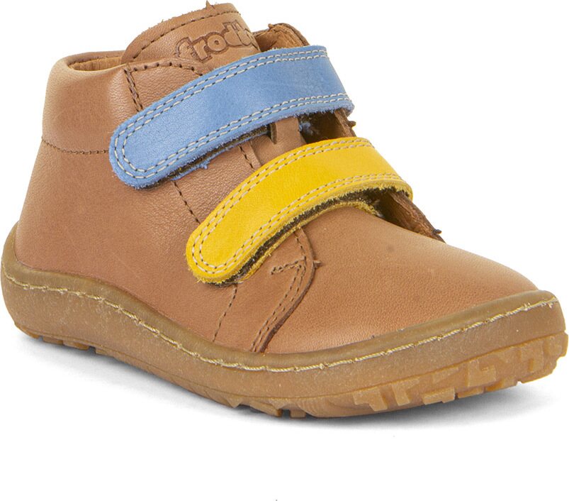 Froddo Barefoot First Step tussenseizoen schoenen (syys, AW24) Konjakinruskea (värikkäät tarrat)